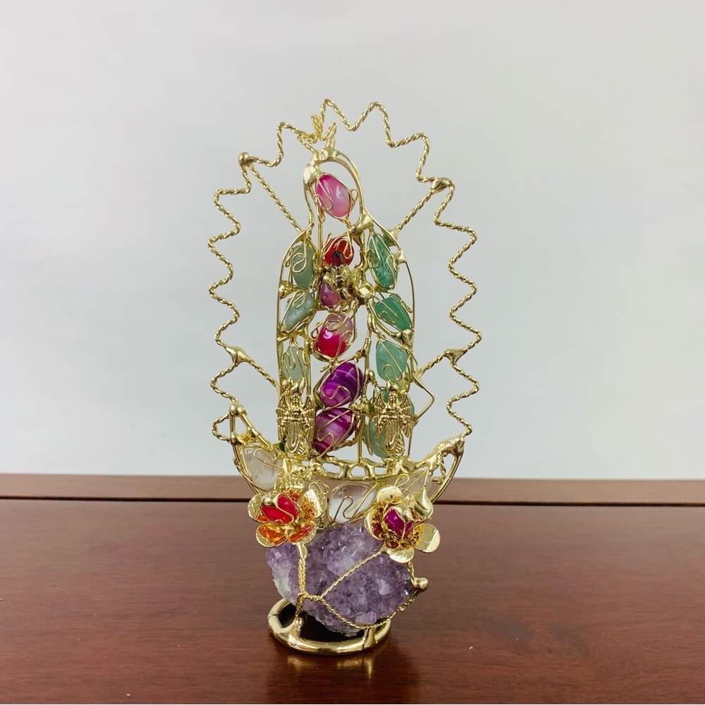 Handcrafted Virgin Mary Tumbaga, Gemstone, & Quartz Statue Artisanal Art Decor